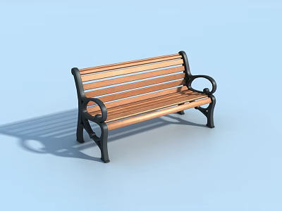 Outdoor Wooden Bench With Metal Frame And Curved Armrests For Garden Seating 3d model