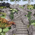 Lush Natural Stone Stairs in Garden Landscape With Rocks and Green Plants