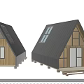 A Frame Wooden House With Black Roof Large Windows And Front Deck