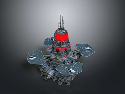 Futuristic Space Tower Featuring Red Top Section And Multiple Platform Modules For Cosmic Missions 3d model