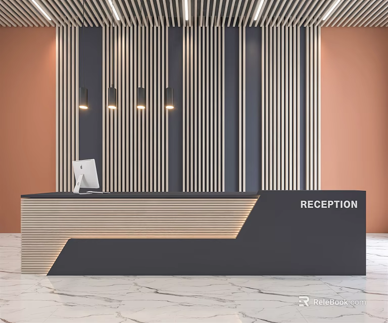 Modern Reception Desk With Striped Wall Lighting And Marble Countertop Design 3d model 