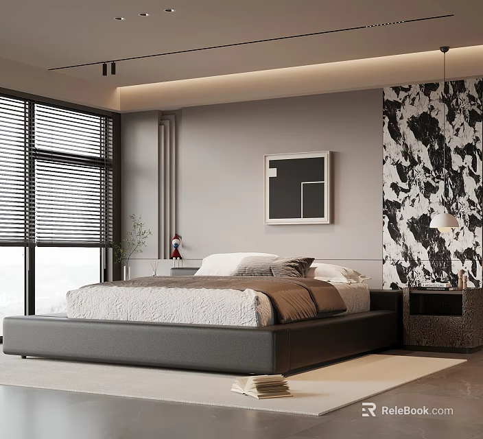Modern Bedroom Interior Design With Platform Bed Window Blinds Artwork And Accent Wall 3d model 