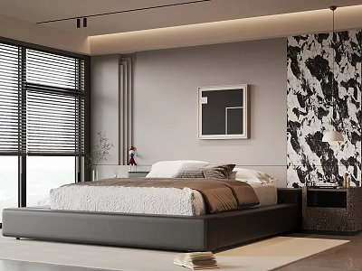 Modern Bedroom Interior Design With Platform Bed Window Blinds Artwork And Accent Wall 3d model
