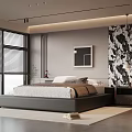 Modern Bedroom Interior Design With Platform Bed Window Blinds Artwork And Accent Wall