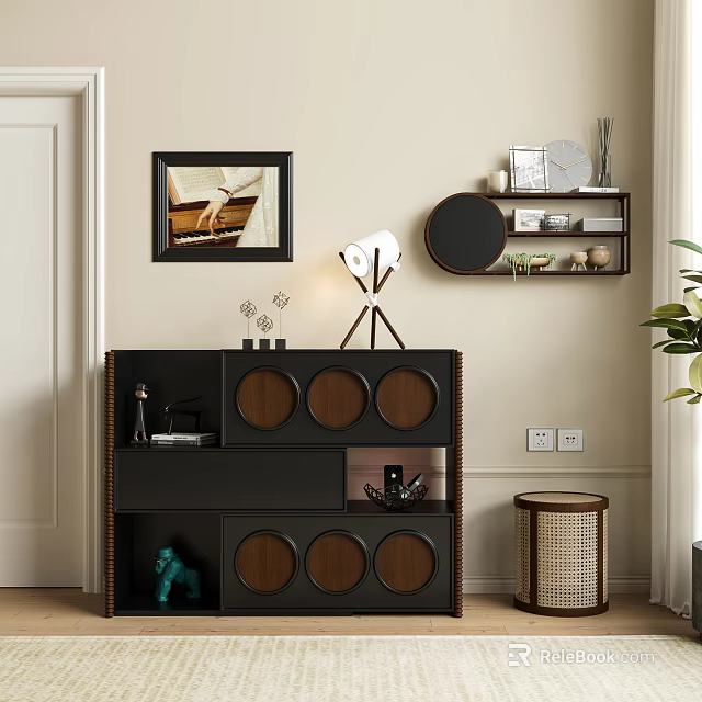 Modern Black And Wooden Sideboard With Circular Panels Wall Art Floating Shelves And Table Lamp 3d model 