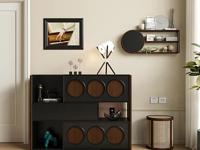 Modern Black And Wooden Sideboard With Circular Panels Wall Art Floating Shelves And Table Lamp 3d model