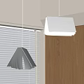 Modern Triangular and Square Pendant Lights in Room with Window Blinds and Wooden Cabinets