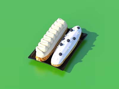 Delicious Eclairs With White Cream Swirls And Black Dots On Black Tray Against Green Background 3d model