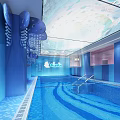 Modern Indoor Swimming Pool With Blue Tiles Purple Decorative Shelves And Sky like Ceiling