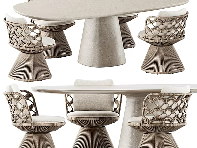 Modern Round Dining Table and Woven Rattan Chairs Stylish Furniture Set Design 3d model
