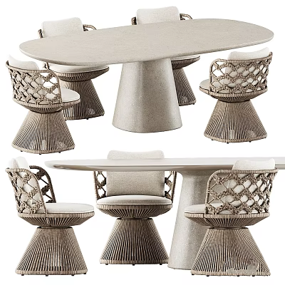 Modern Round Dining Table and Woven Rattan Chairs Stylish Furniture Set Design 3d model