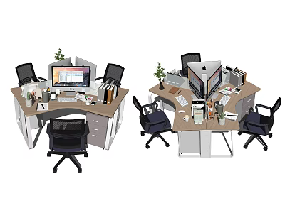 Straight And Corner Office Desks With Computer Monitor Office Supplies And Potted Plants 3d model