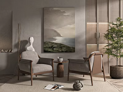 Leisure Armchair Set With Small Coffee Table Wall Painting Green Plant Rug And Sculpture 3d model