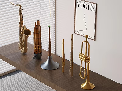 Musical Instruments And Art Supplies Displayed On Wooden Shelf With Vogue Poster 3d model