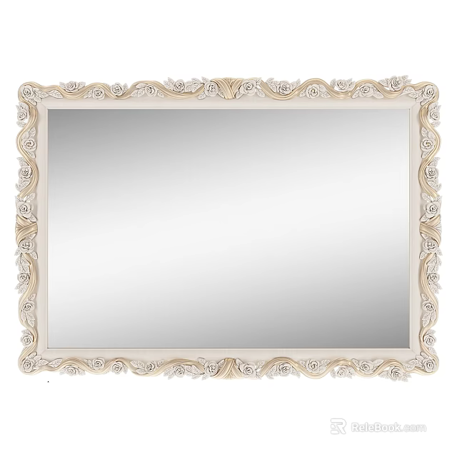Ornate Decorative Mirror With Intricate Scroll Frame And Ivory Gold Finish 3d model 