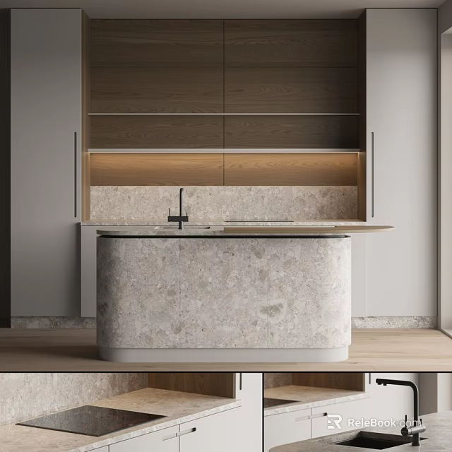 Modern Kitchen Interior With Wooden Cabinets And Marble Island Countertop Sink 3d model 