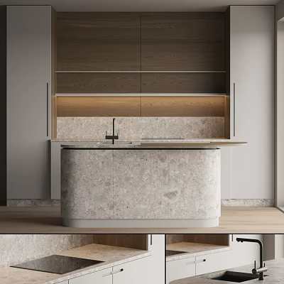 Modern Kitchen Interior With Wooden Cabinets And Marble Island Countertop Sink 3d model