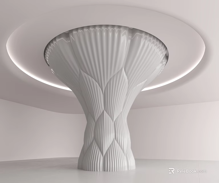 White Sculptural Pillar With Petal Texture And Circular Light In Modern Interior 3d model 