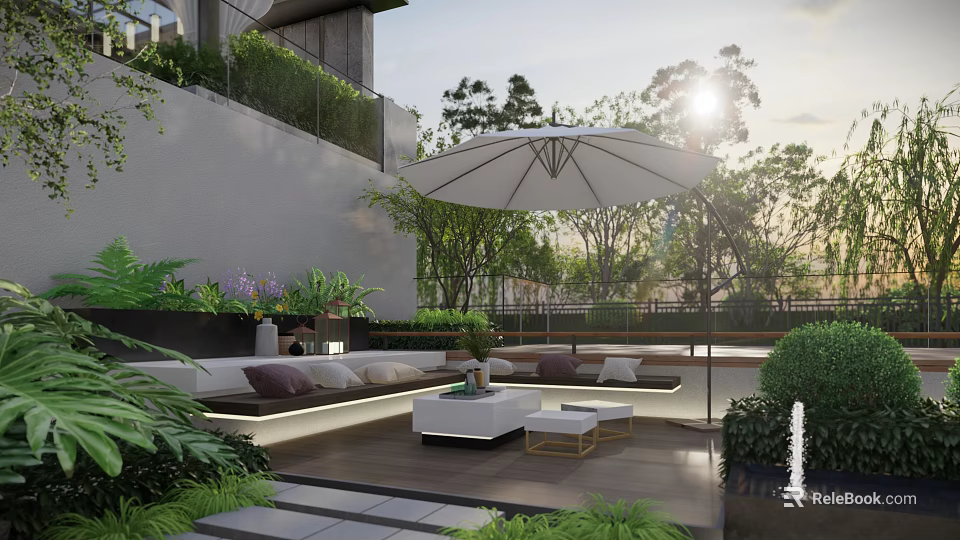 Modern Courtyard Garden Terrace Design With White Umbrella Sofa Coffee Table And Green Plants 3d model 