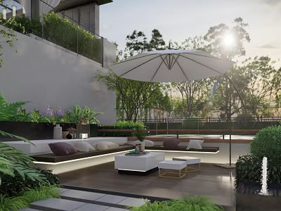 Modern Courtyard Garden Terrace Design With White Umbrella Sofa Coffee Table And Green Plants 3d model