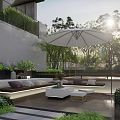 Modern Courtyard Garden Terrace Design With White Umbrella Sofa Coffee Table And Green Plants
