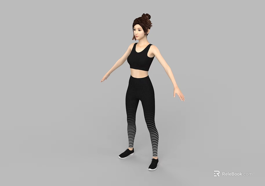 Woman in Black Sports Bra and Striped Leggings with High Bun Hairstyle and Black Sneakers 3d model 