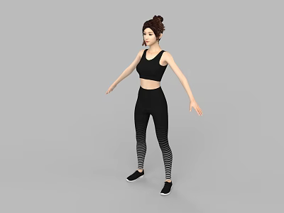 Woman in Black Sports Bra and Striped Leggings with High Bun Hairstyle and Black Sneakers 3d model