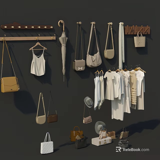 White Clothes with Beige Bags Hats and Umbrella Hanging on Wooden Rack and Hangers 3d model 