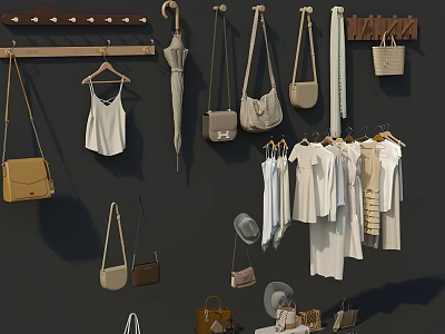 White Clothes with Beige Bags Hats and Umbrella Hanging on Wooden Rack and Hangers 3d model