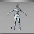Futuristic female character in blue and white tech suit with small device on floor