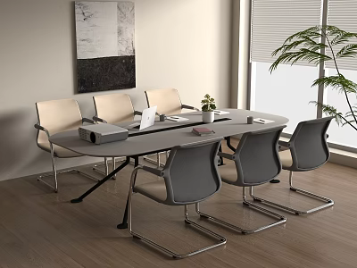 Modern Conference Table with Comfortable Chairs Laptop Projector and Small Plant in Bright Office Space 3d model