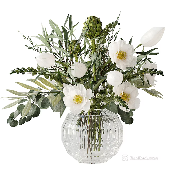White Flowers in Transparent Textured Glass Vase with Green Leaves and Foliage 3d model 