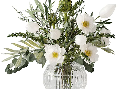 White Flowers in Transparent Textured Glass Vase with Green Leaves and Foliage 3d model