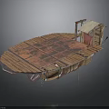 Wooden Boat Structure With Red Brown Planked Deck And Sloped Roof Cabin