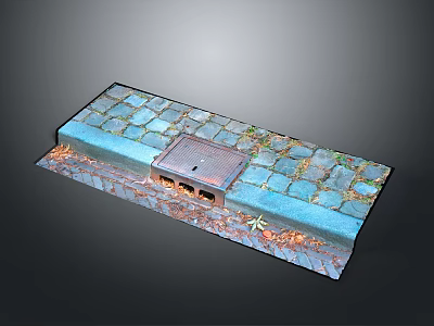 Detailed Urban Street Section Model With Blue Curb Gray Paving Tiles and Metal Manhole Cover 3d model