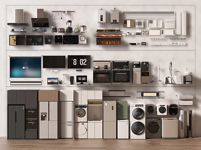 Diverse Display of Modern Kitchen Appliances Including Refrigerators Ovens Microwaves and Washers 3d model