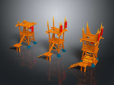 Orange Wooden Commercial Equipment Towers Featuring Staircase Platform Red Flags And Blue Supports 3d model