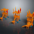 Orange Wooden Commercial Equipment Towers Featuring Staircase Platform Red Flags And Blue Supports