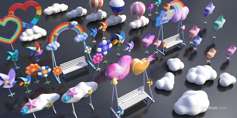 Whimsical Playful Scene With Clouds Hot Air Balloons Rainbow Flowers Birds Swings And Stars 3d model 