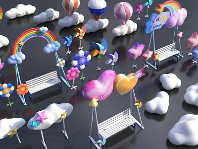 Whimsical Playful Scene With Clouds Hot Air Balloons Rainbow Flowers Birds Swings And Stars 3d model