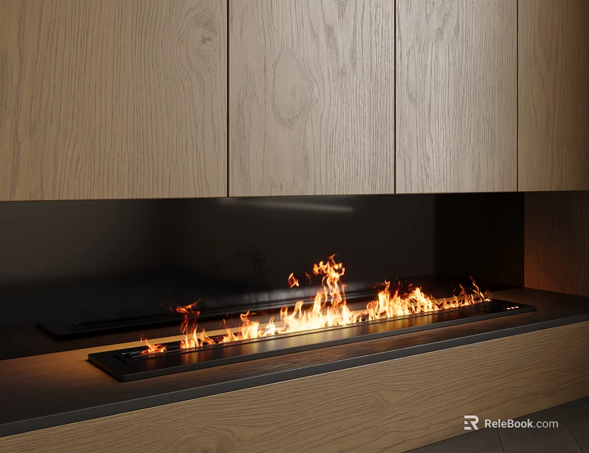 Elegant Modern Fireplace Interior With Flaming Fire And Wooden Surrounding Cabinets 3d model 