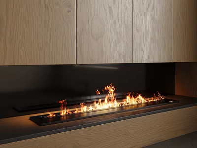 Elegant Modern Fireplace Interior With Flaming Fire And Wooden Surrounding Cabinets 3d model