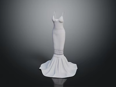 Elegant White Mermaid Dress With Spaghetti Straps And Flowy Floor Length Skirt 3d model