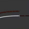 Traditional Japanese Katana With Curved Blade Red Handle And Diamond Patterned Scabbard