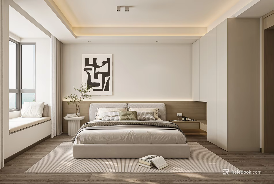 Modern Minimalist Bedroom With Platform Bed Abstract Wall Art Window Bench And Wooden Flooring 3d model 