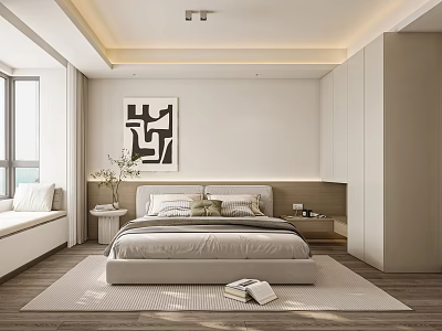 Modern Minimalist Bedroom With Platform Bed Abstract Wall Art Window Bench And Wooden Flooring 3d model
