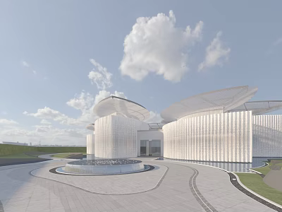 Modern Museum Building With Curved Roof White Facade Open Square And Central Fountain 3d model