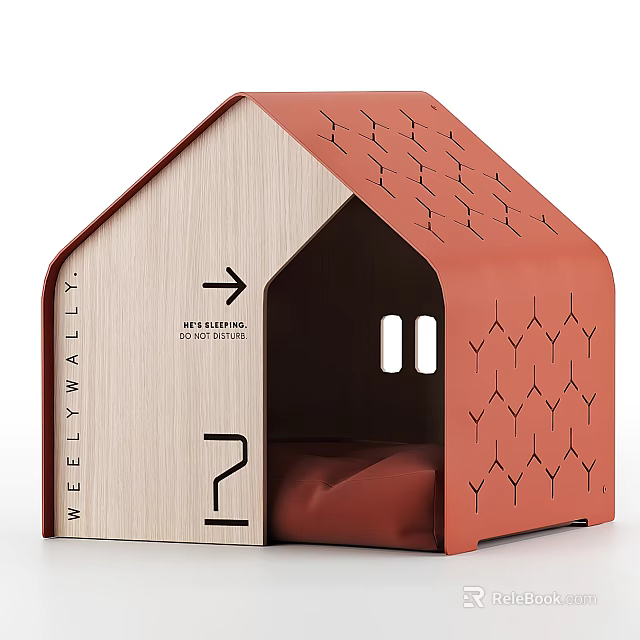 Wooden House Shaped Ornament Decoration Set With Orange Roof And Geometric Pattern 3d model 