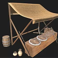 Traditional Wooden Tool Stand With Woven Top Wooden Box Metal Plates Tools And Mesh