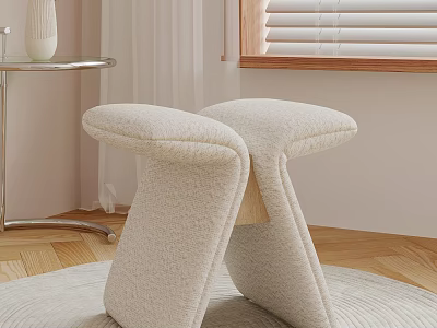 Beige Cushioned Stools On Round Rug With Wooden Floor And Side Table Vase 3d model